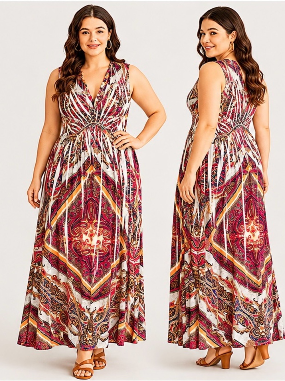CJBanks Paisley Medallion Maxi Dress Multi Color Plus Sz 2x